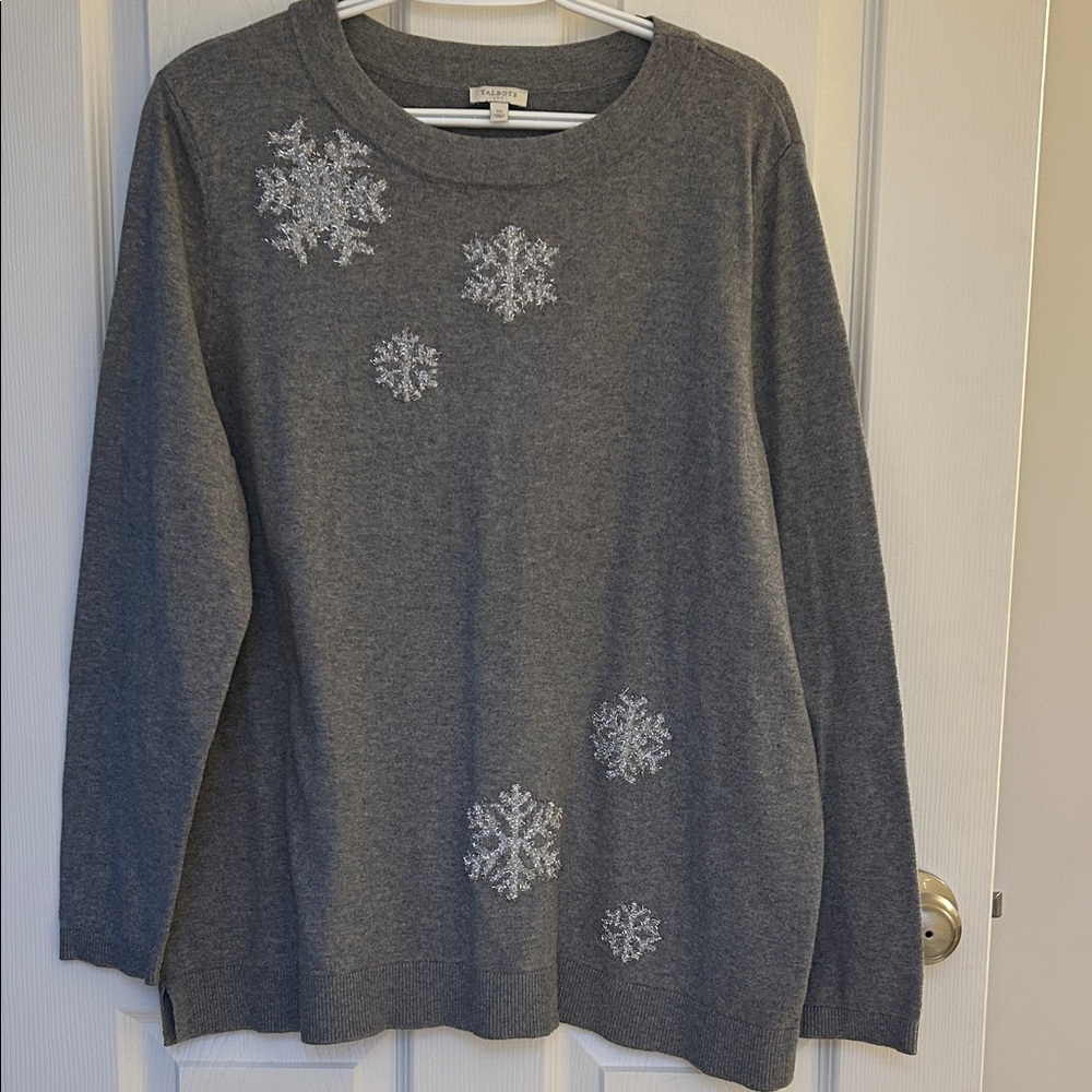 Talbots Gray Crew Neck Sweater with Snowflake Design XL EUC